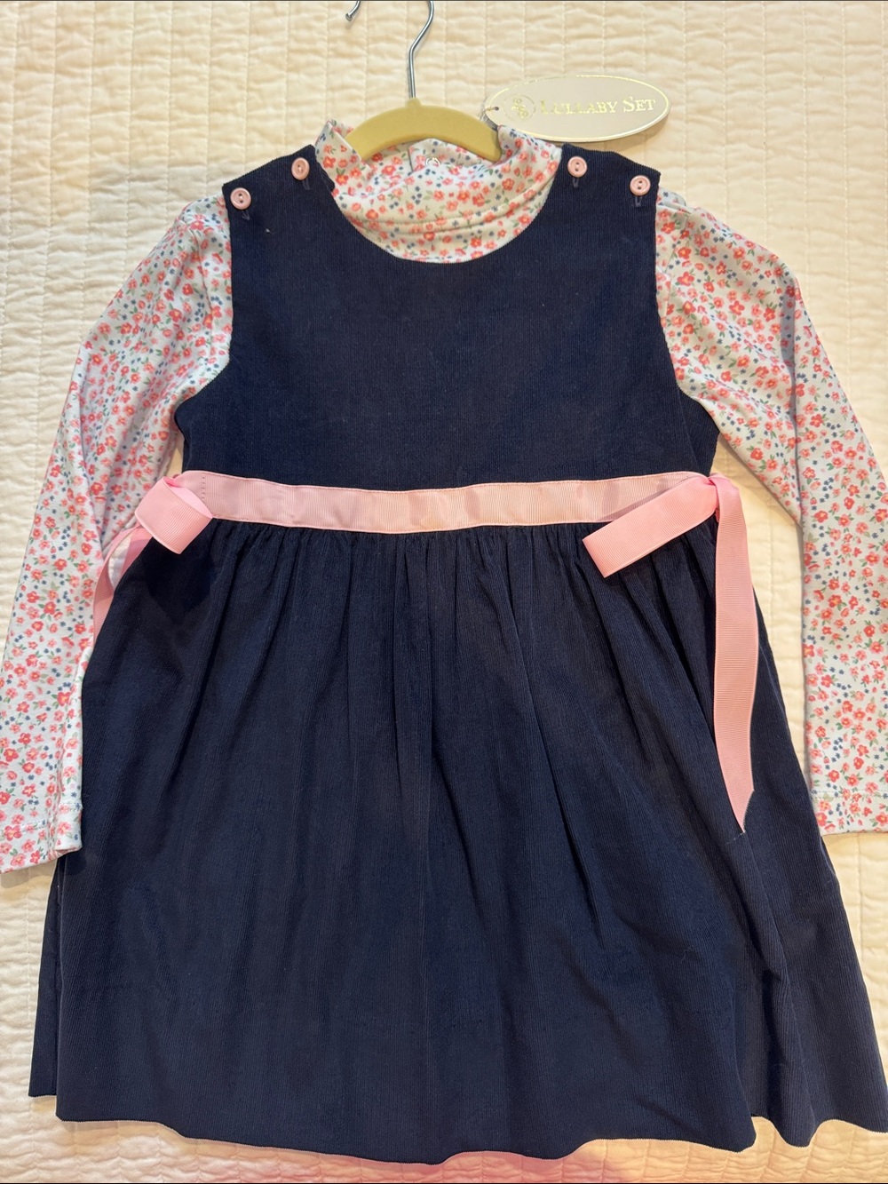 Navy Corduroy Jumper Set with Pink Ribbon - Baby Set